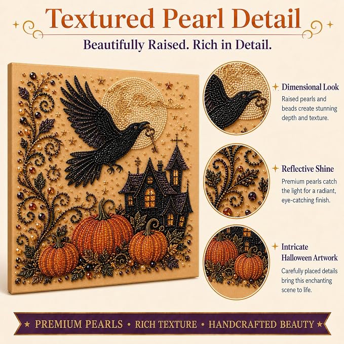 Halloween Pearl Art Kit for Adults, DIY Fall Craft (Crow) | Create textured Halloween decor through a screen-free, beginner-friendly craft activity.