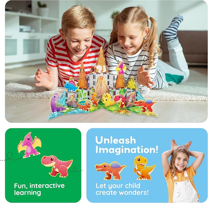 PicassoTiles Dinosaur Magnetic Tiles, STEM Building Blocks Toy Set Ages 3+ | 38 pieces, 8 action figures, vibrant Jurassic world, screen-free activity, color shape recognition, durable BPA-free plastic