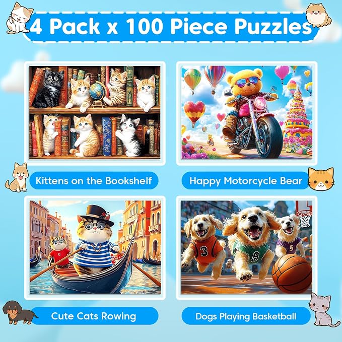 4-Pack 100 Piece Puzzles for Kids Ages 4-6 6-8 8-10 Year Old - Lovely Cats & Bear & Dogs Large Piece Jigsaw Puzzles, Kids Puzzles Learning Educational Toys Christmas Puzzle Gifts for Boys Girls