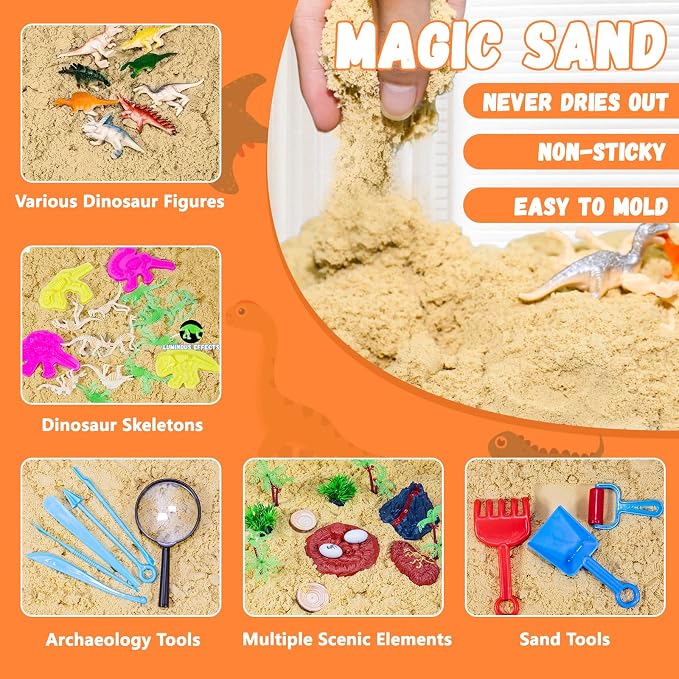 Vectronum Dinosaur Sensory Sand Kit for Boys, Sensory Bin with Lid, 2.64lbs Sand, Archaeology Tools, Dino Figures & Skeletons, Dinosaur Toys for Kids Toddlers 3-5 5-7+ Year Old Christmas Birthday Gift