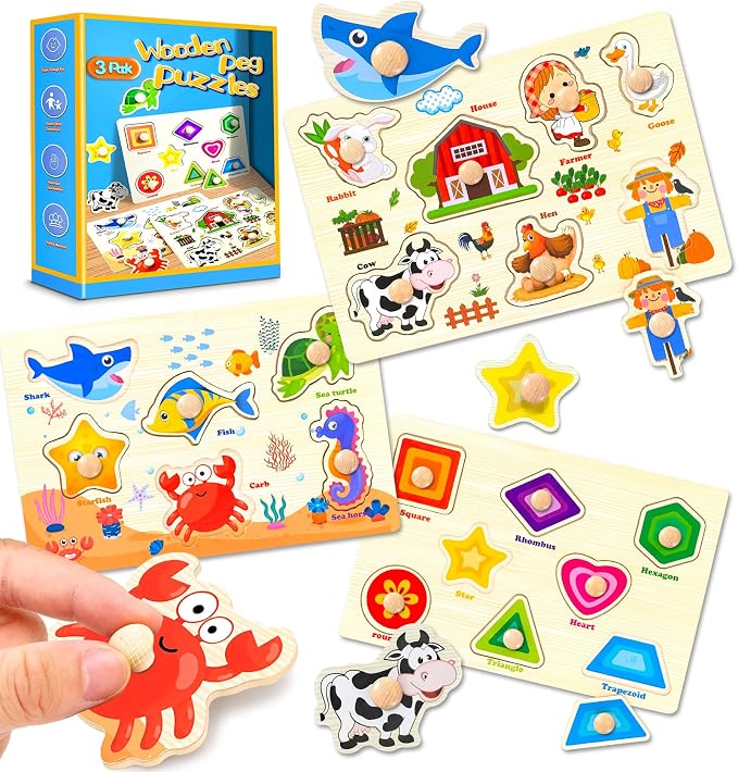 Wooden Peg Puzzles for Toddlers,Montessori Toddler Jigsaw for Child,Fine Motor Skill Learning Puzzle Toys for Baby Boys Girls Gifts-3 Pcs Shape,Farm,Sea Animal