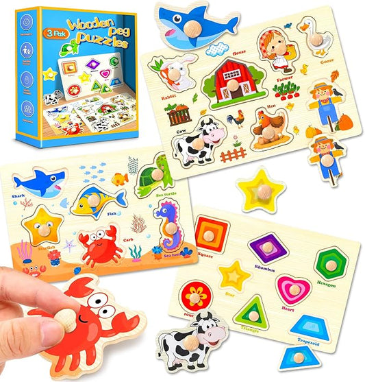 Wooden Peg Puzzles for Toddlers,Montessori Toddler Jigsaw for Child,Fine Motor Skill Learning Puzzle Toys for Baby Boys Girls Gifts-3 Pcs Shape,Farm,Sea Animal