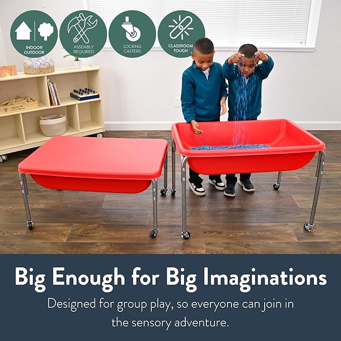 Children's Factory Water Table and Lid Set, Red Sensory Table for Kids, 24" | Sandbox with Locking Casters for Indoor or Outdoor Use, Rust-Resistant Sensory Bin for Classrooms, Preschools, and Daycares