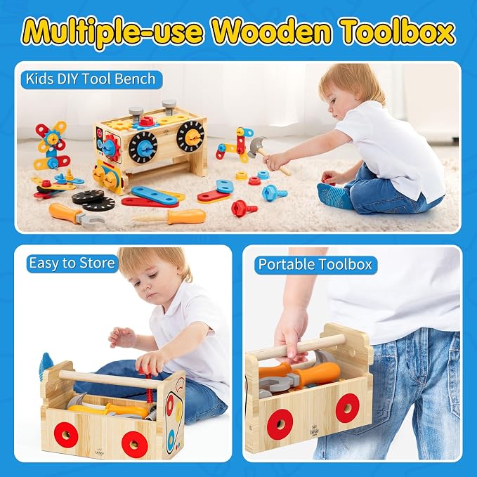 Lehoo Castle Montessori Kids Tool Set, Wooden Toddler Tool Set for Ages 2-4 | STEM Pretend Play Tool Box, Construction Toddler Tool Bench, Educational Learning Toys for 2 3 4 Year Old Boys Birthday Girls