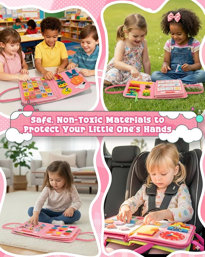 Pink Montessori Busy Board for Toddlers,8-Page Sensory Activity Book for Fine Motor Skills & Basic Dress Learning, Portable Travel Toy for Preschool Kids, Portable Travel Gift for Preschool Girls