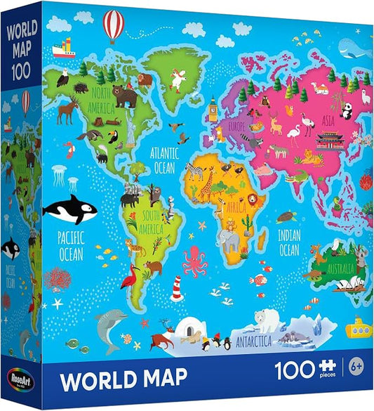 RoseArt Map of The World Puzzle for Kids - 100 Piece Jigsaw Puzzle, 18" x 24" - Educational, Colorful World Map with Animals, Oceans - Made in USA - Learning Toy for Ages 6+