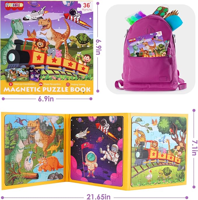 Magnetic Jigsaw Puzzles for Kids Ages 4-6, 36-Piece Preschooler Travel Toys Animals and Space Puzzles Ages 3-5, Educational Learning Magnets, Ideal Road Trip Activities Toys for 3 4 5 6 Boys and Girls