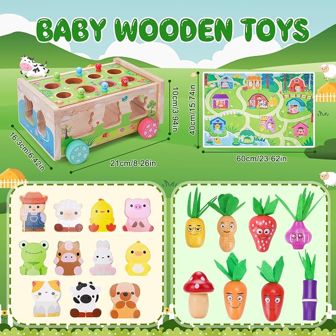 Toddler Montessori Wooden Farm Toys for 1 2 3 Year Old Babies Boys Girls | 12-18 Months Toy with Game Map | 1st First Birthday Gifts for 1-2 Years | Wood Learning Educational Toys Fine Motor Skills