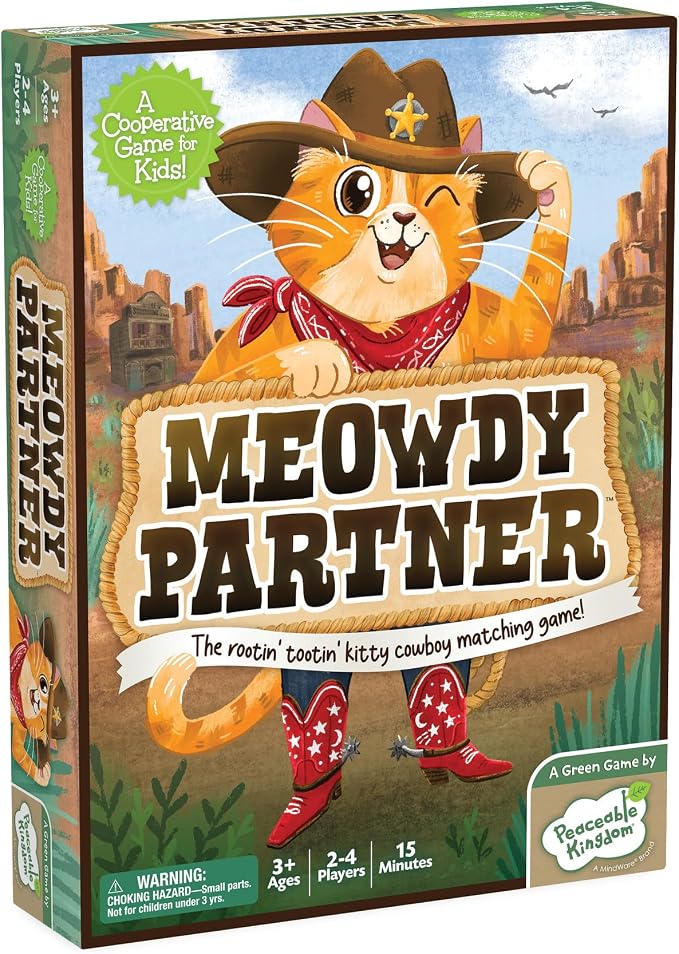 Peaceable Kingdom Meowdy Partner Cooperative Matching Game | A cooperative game where players team up to win together. Includes 27 cowboy cat cards and 1 scratching post. Ages 3+.