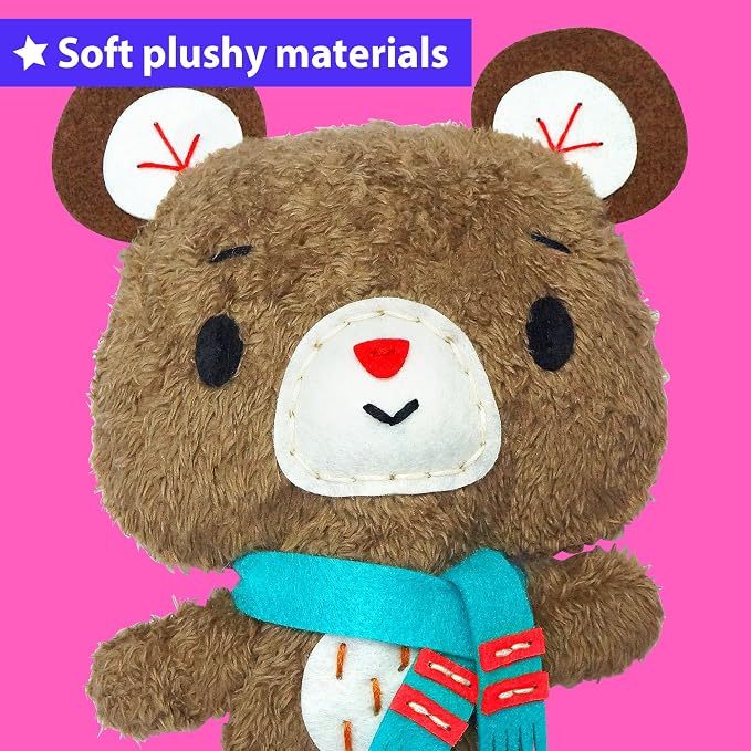 KRAFUN Teddy Bear Sewing Kit for Kids Ages 8-12 - No Scissors | Pre-cut & pre-punched felt, no glue needed. Child-safe needle. Sew your own teddy. Beginner craft gift for girls & boys