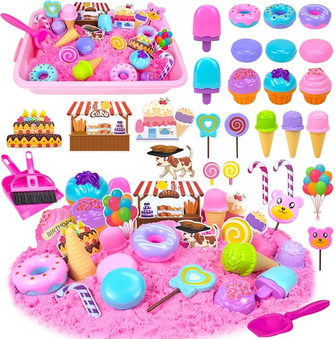 Ice Cream Sensory Bins, Play Sand Kit Sandbox Sand Toys for Kids Ages 3 4-8 | Sand Toys Set with Magic Sand, Ice Cream Toys Molds and Cleaning Tools Sandbox with Lid Sand Art Kits for Kids Birthday Gift