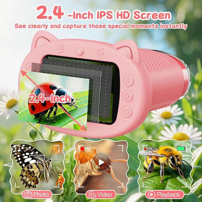1000X Handheld Digital Microscope for Kids (Pink) | 4K HD 2.4" Screen, 200–1000X Magnification, Portable Kids Microscope, Educational STEM Toy, Gifts for Boys and Girls Age 5–12
