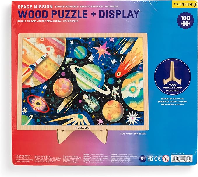 Mudpuppy Space Mission 100 Piece Wooden Puzzle for Kids, Ages 5+ | Outerspace Theme, Bright and Bold Illustrations, Sturdy Pieces, Display Stand Included, Room Décor