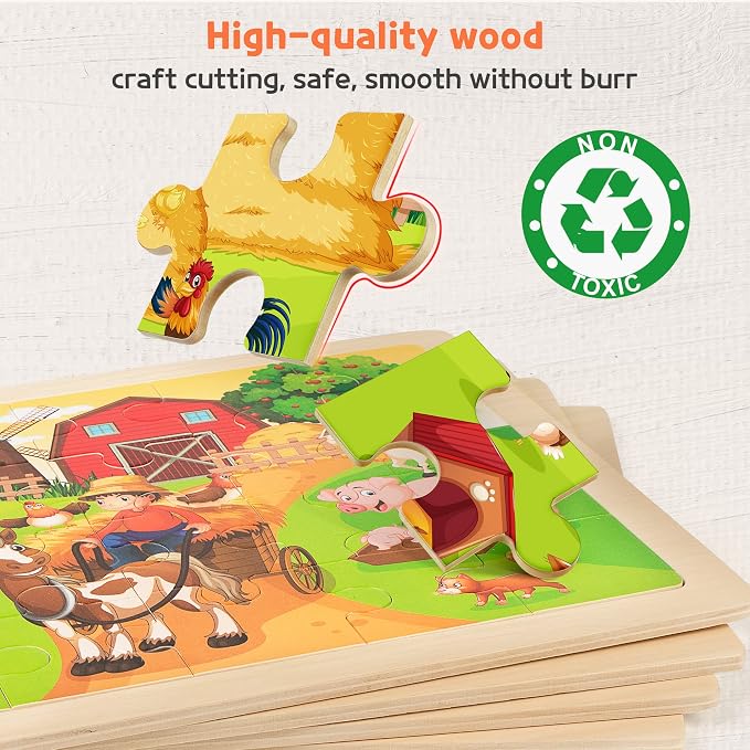 SYNARRY Large Animal Wooden Puzzles for Kids Ages 4-6, 4-in-1 Gift Set | Animal Puzzles for Toddlers & Kids Ages 3-5, Birthday Gifts for Boys & Girls, Educational Animal Toys, Screen-Free Play