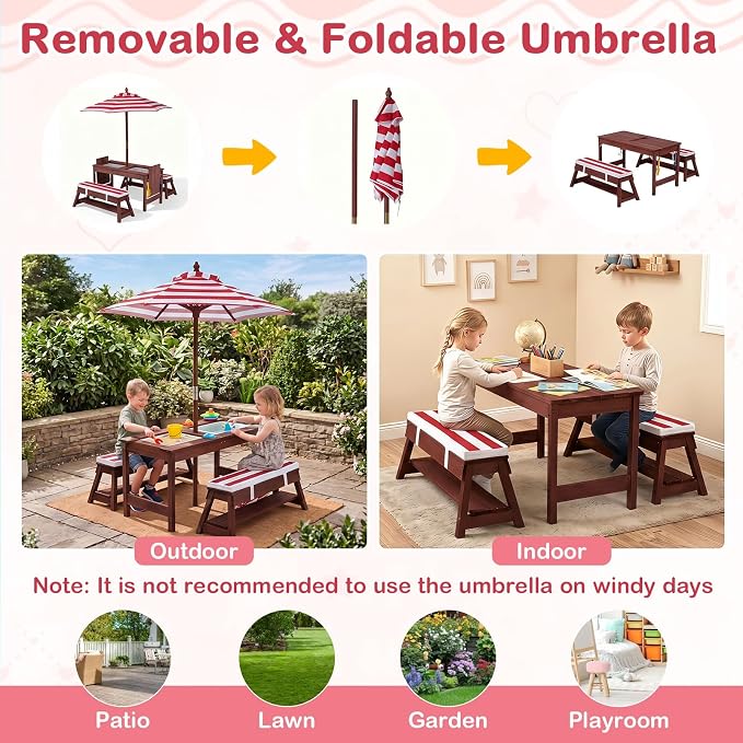 Costzon 4-in-1 Kids Picnic Table with Umbrella, Sand & Water Sensory Bins | Wooden Toddler Outdoor Table with Benches, Cushions, Cover, Gardening Tools, Kids Outdoor Furniture for Patio Backyard
