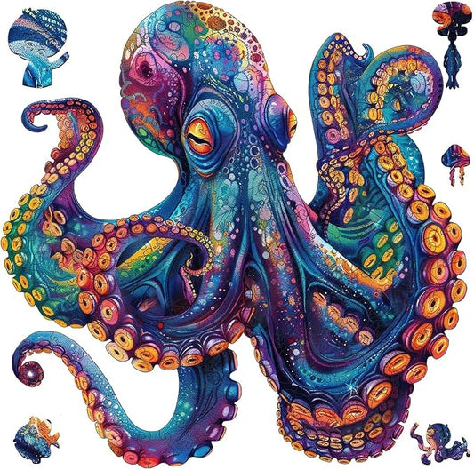 Qiuenisray Wooden Puzzles for Adults, Octopus Ocean Jigsaw Puzzle 200 Piece | Cool Wood Puzzle Wall Decor, FSC Certified Unique Animal Adult Puzzles Piece, Creative Gift for Family Game 11.2x11.2 in