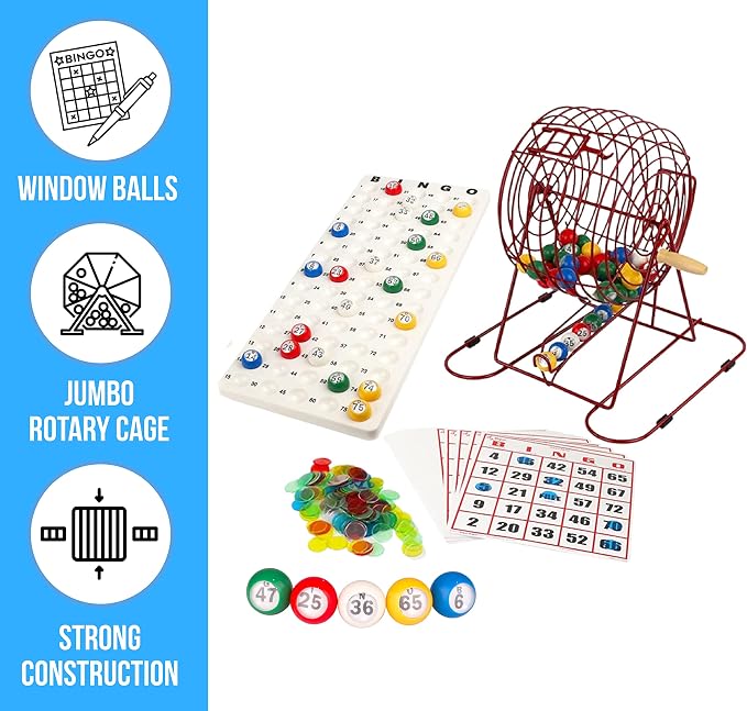 Regal Bingo Red Professional Bingo Game Set with 11" Wheel Cage, 75 Bingo Balls, Master Board, 18 Bingo Cards & 25 Jumbo Reusable Cards, and Colorful Chips - Bingo Games for Adults Large Group