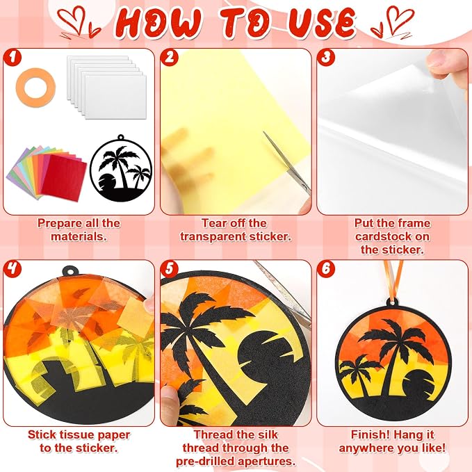Qyeahkj 36 Sets Tropical Palm Tree Suncatchers Crafts for DIY Summer Tissue Paper Craft Kit Hawaiian Luau Palm Tree Stained Glass Window Ornaments Decoration for Home Art Project Party Favor Gift