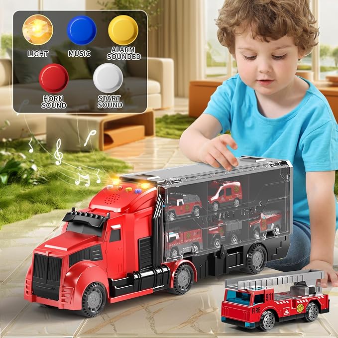 NIPLOOOW Fire Trucks Toy Set with Play Mat, Carrier Truck Play Vehicles Set for 3 4 5 6 Years Old Boys Kids, Die-Cast Car Toy for Toddlers 3-4 Years, Birthday Gifts Toys for 3-9 Year Old Boys
