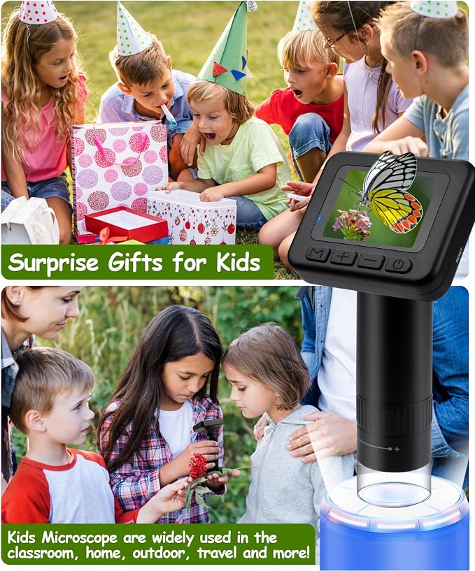 Handheld Microscope for Kids - 1000X Portable Microscope for Kids, Photo and Video Microscopes 2in Screen, Science Kit Gift for Kid Adults Boys Girls, Digital Coin Magnifier, 32GB, 5Pcs Sample Slides