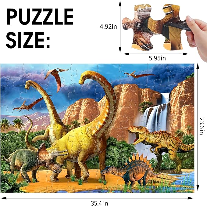 Jumbo Floor Puzzle for Kids,48 Piece Waterfall Dinosaur Jigsaw Puzzle | Thick Cardboard Waterfall Dinosaur Puzzle for Preschool Learning, Ages 3-8,35x24 in Completed,Gift for Boys and Girls