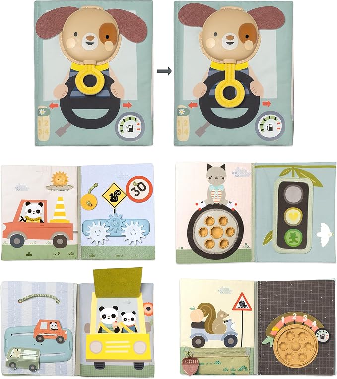 Taf Toys Busy Book for Toddlers 1-3 Textures, Crinkle Fabrics & Movable Cars - Montessori Busy Board - Activity Book Learning Quiet Activity Books Gifts Toddler Travel Toys for One Year Old