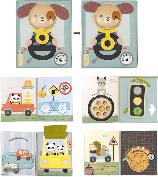 Taf Toys Busy Book for Toddlers 1-3 Textures, Crinkle Fabrics & Movable Cars - Montessori Busy Board - Activity Book Learning Quiet Activity Books Gifts Toddler Travel Toys for One Year Old