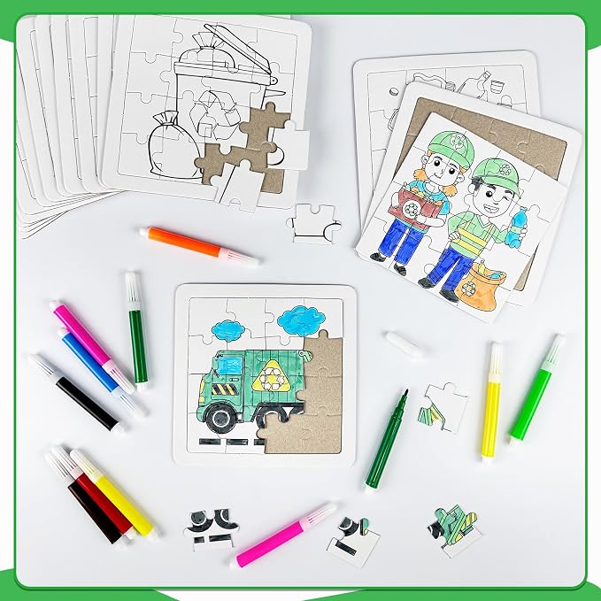 Cinrobiye 24PCS Garbage Truck Coloring Jigsaw Craft Kit for Kids, DIY Recycling Vehicle Activity Set Bulk with 12 Designs, Trash Day Birthday Party Favors, Classroom Learning Projects