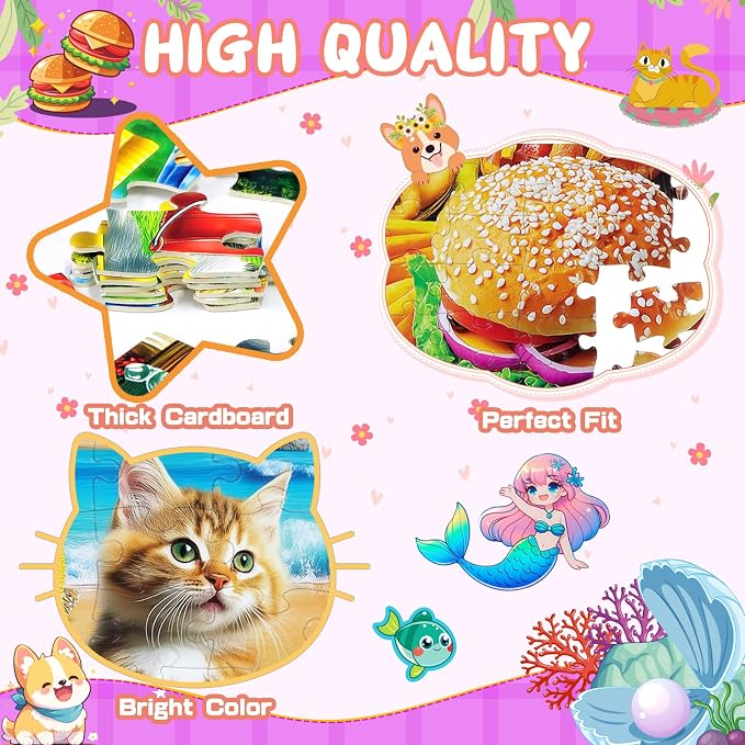 4 Packs 100 Piece Puzzles for Kids Ages 4-6 6-8 8-10, Mermaid Dogs Cats Hamburger Educational Jigsaw Puzzles, Birthday Kids Gifts for Boys Girls Teens Adults Kids Puzzles 4-6 5-8