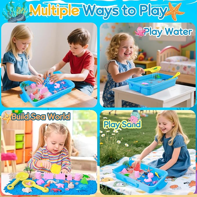 Mikiwon Ocean Sensory Bin, Sandbox Play Sand Art Kit with 1.65lbs Play Sand, Sea Animal Toys Molds, Sensory Play for Girls Boys Age 3 4 5 6 7 8, Beach Toys for Kids Xmas Birthday Gifts