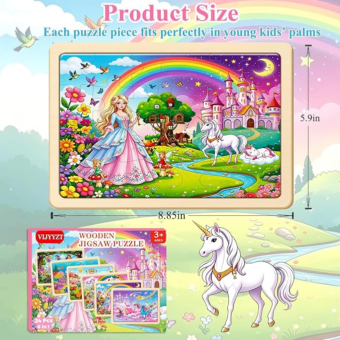 Puzzles for Kids Ages 3-5, 6 Pack Wooden Jigsaw Puzzles 24 Pieces | Unicorn Princess Mermaid Toys, Gift Box, Easter Christmas Birthday Gifts