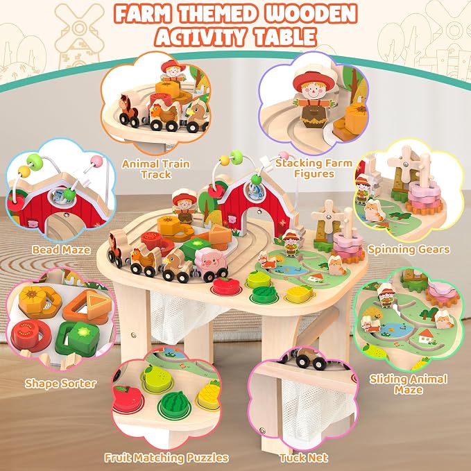 Weilim Montessori Activity Table for 1 Year Old, Wooden Farm Toddler Toy | Busy Activity Center with Bead Maze, Shape Sorter, Train Track & Spinning Gears—Sensory Play That Grows Fine Motor Skills