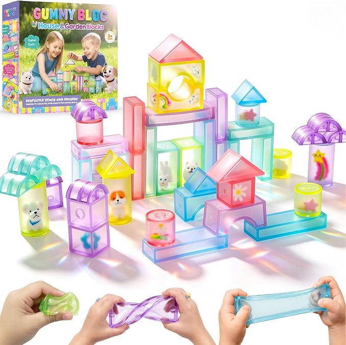 33PCS Soft Sensory Building Blocks for Toddlers, House Garden Gummy Bloc | Preschool Educational Creative Play, Montessori Squeezable, Stretchable Early Learning Construction Playset, Puzzle Blocks