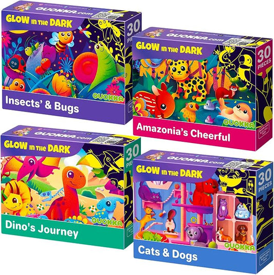 30 Pieces Puzzles for Kids Ages 3-5 – 4 Jigsaw Toddler Puzzles Ages 4-6 | Glow-in-The-Dark Dinosaur and Animals Learning - Educational Jigsaw Puzzle for Ages Kids 4-8 Years Old