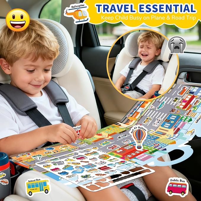 3 Sets of Reusable Jelly Stickers Books - Perfect for 3-6 Year Olds Jelly Stickers Books - Airplane and Car Travel Toys Educational Gifts for Boys and Girls (Beach+Supermarket+Party)