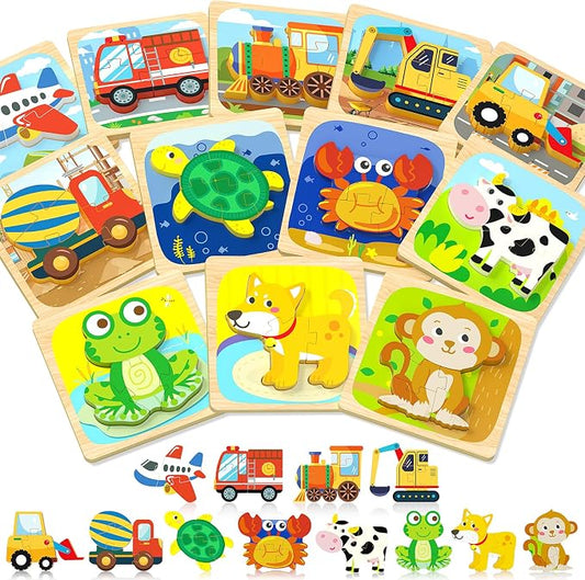 Benresive Wooden Toddler Puzzles, Toddler Toys, 1 2 Year Old Boy Girl Gift | 12 Pack Vehicle Montessori Toys for 1 2 Year Old, Preschool Educational Learning Toy, Great Birthday Gifts for Boys Girls