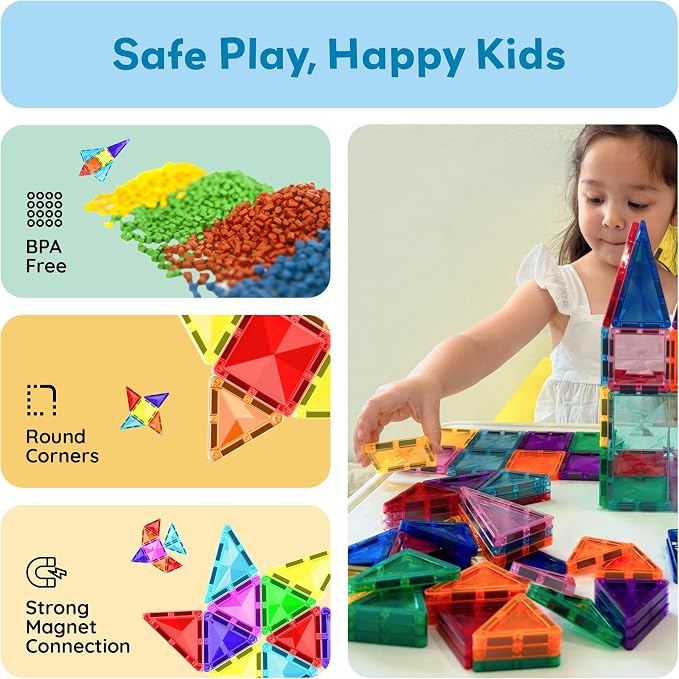 PicassoTiles 30 PCs Magnetic Tiles Travel Size Mini Version Building Block Construction Set for Kids Great Gift Ages 3+ Boys & Girls Preschool Kindergarten Montessori Playing Toys Stacking Fun PTM30