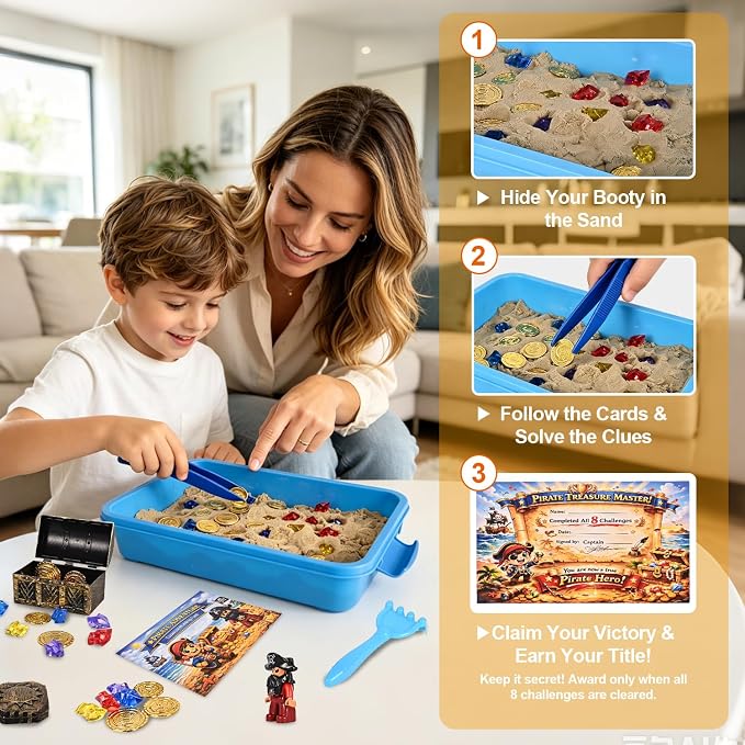 Pirate Treasure Chest Sensory Bin for Kids with Sensory Sand | Includes pirate figures, gems, coins and challenge cards for fine motor skills, counting activities Gifts for kids ages 3-6