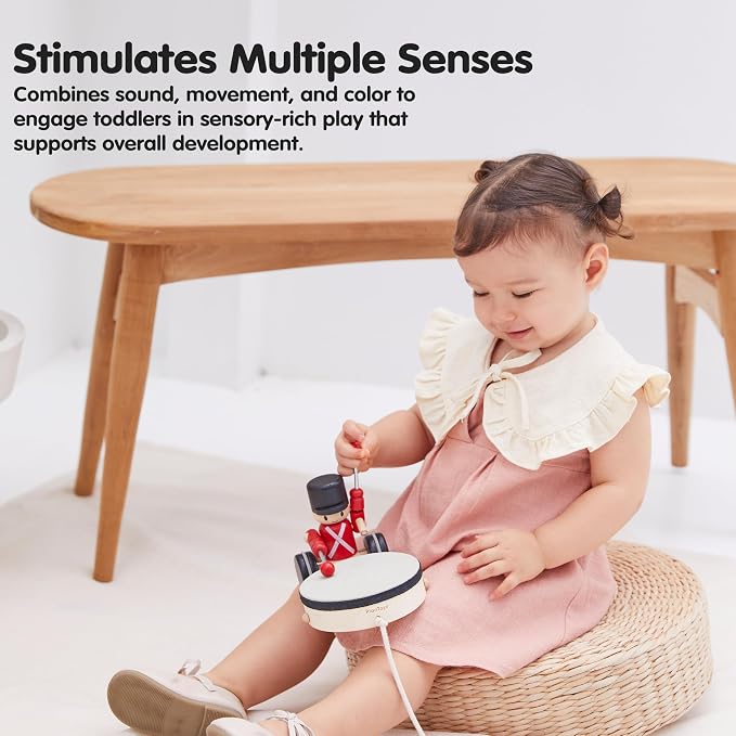PlanToys® Wooden Pull Along Drummer Musical Toy for Kids Toddler Active Set | rolling wheels, drumming rhythm, baby musical toys, girls, boys, montessori focus coordination learning gift preschool
