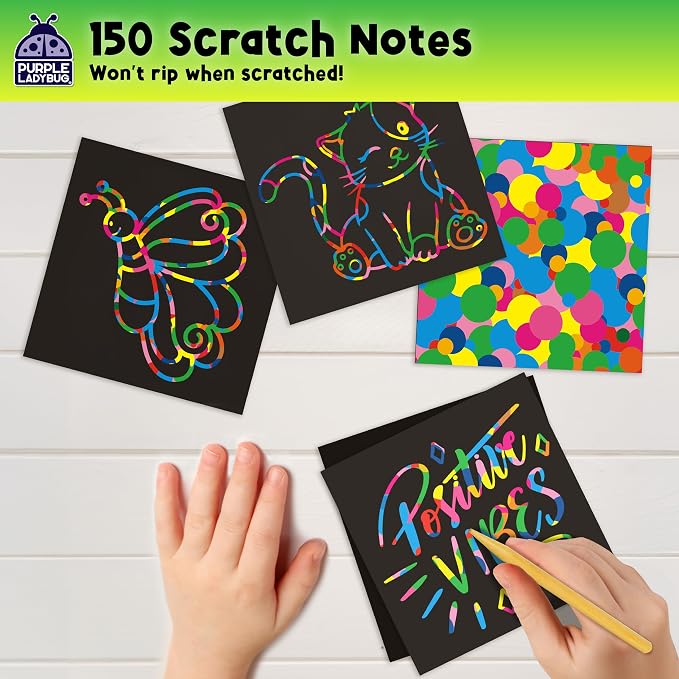 Rainbow Scratch Art for Kids - 150 Pcs Rainbow Scratch Art Paper Mini Notes | Arts and Crafts Supplies Ages 4-12, Stocking Stuffers for Kids, Activities for Classroom, Camping, Summer, Travel, & Wedding