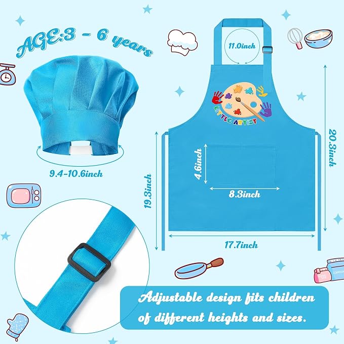 R HORSE 2 Pieces Kid Apron and Chef Hat Set, Dress up Pretend Play Toy | Blue Little Artist Adjustable Children Kitchen Apron with Pockets Set, Ideal for Painting, Cooking, Baking, Birthday Gift