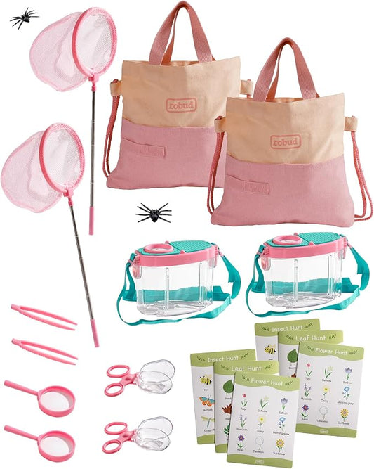 ROBUD Pink Dual Bug Catcher for Kids, Bug Catching Kit with Bag Kit, Pink Outdoor Exploration Set for Camping, Montessroi Toy for Kids Coming Closer to Nature, WRP60