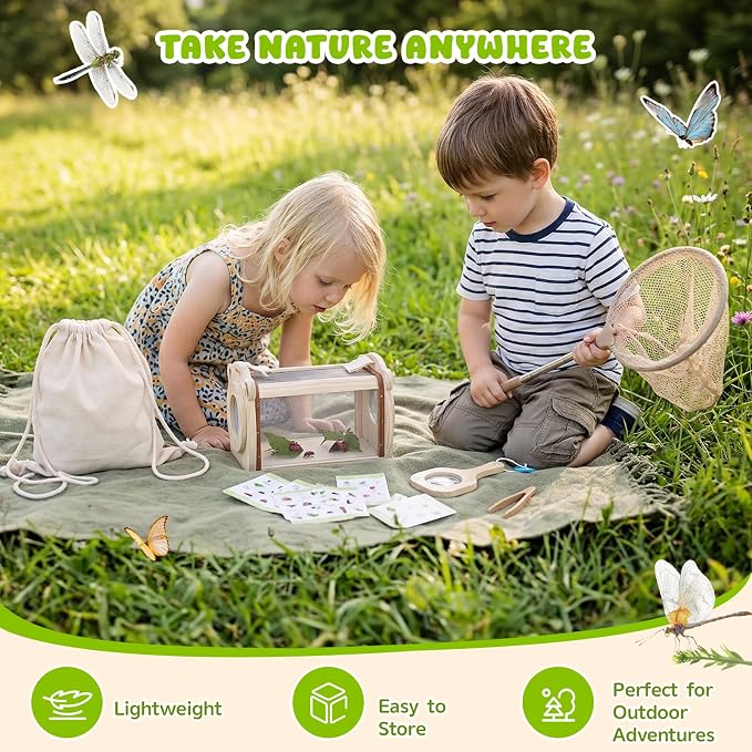 GAGAKU Wooden Bug Catcher Kit for Kids 4-8, 9PCS Outdoor Nature Exploration Set with Expandable Butterfly Net, Magnifying Glass, STEM Learning Game Cards, Educational Catching Toy for Backyard Camping