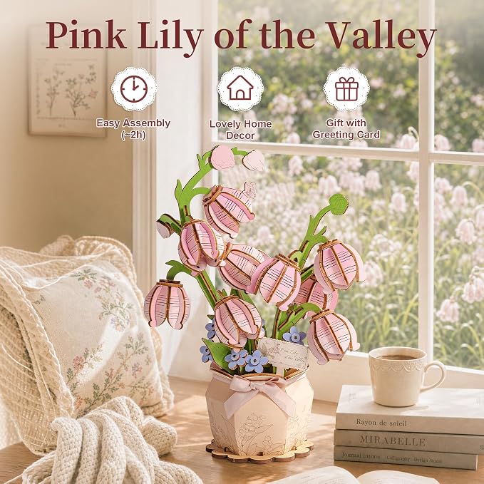 rowood Pink Lily of the Valley,Wooden Flower 3D Puzzles for Adults,DIY Craft Kits for Women,Botannical Collection Building Set,Mothers Day/Teachners Day Gift