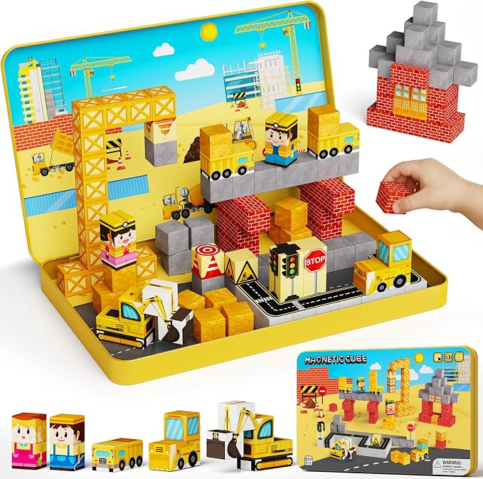Magnetic Engineering Travel STEM：100PCS Blocks Kit for Boys Ages 3-8 | N32 Strong Magnets, 300+ Builds, 60+ Min Focus, 675g Ultra-Slim Tin, 1-Min Storage, ASTM Certified, Ideal for Travel