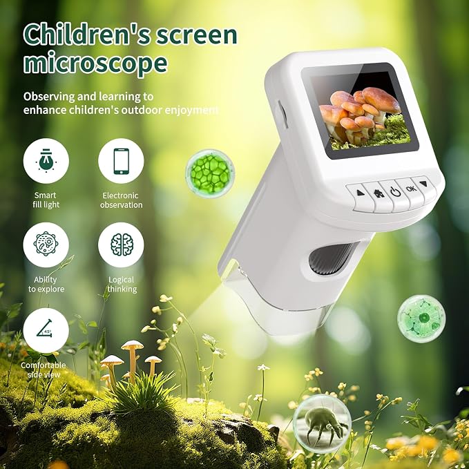 1200X Handheld Portable Microscope for Kids Digital Scope 2.0" Screen Rechargeable STEM Toy Slide Kit Pocket Science Gift for Children Ages 6-12 Students (White)