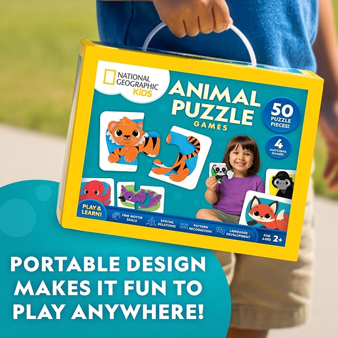 National Geographic Kids Animal Matching 2 Piece Puzzle Games for Toddlers | 50 Matching Puzzle Cards, 4 Educational Games, Portable Early Learning Set, Animal Matching, Play & Learn Booklet