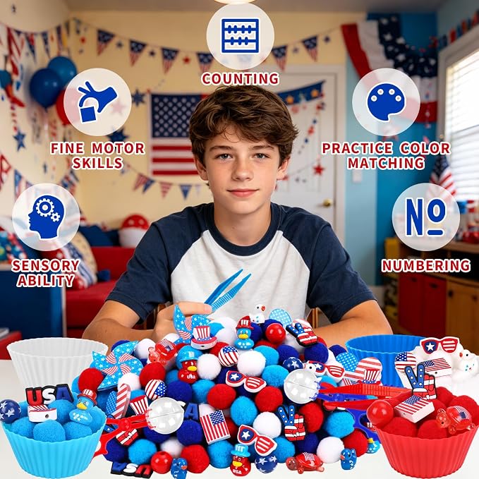 256PCS Independence Day Patriotic Sensory Bin Filler 4th of July Fine Motor Sensory Bin Items Includes Pom Poms Duck Resin for Counting Sorting Training