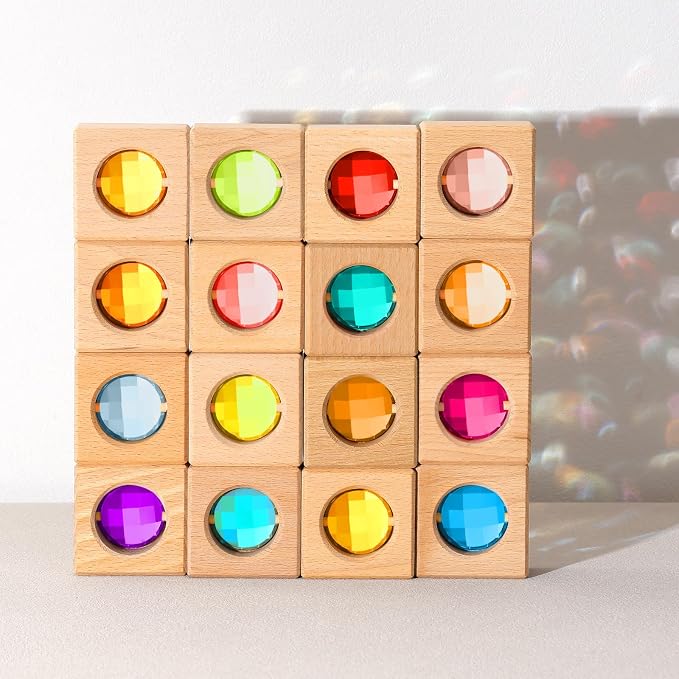 16 Pcs Acrylic Wooden Gem Blocks Sparkling Translucent Cubes Stacking Toys Wooden Cubes Blocks with Colorful Acrylic Open Ended Play Montessori Educational Toys (Round)