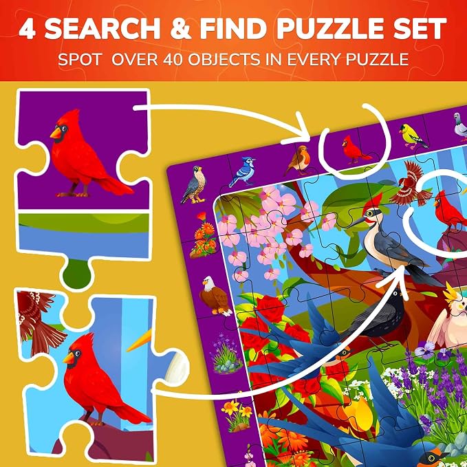 Puzzles for Kids Ages 6-8 - 4 x 60 Piece Jigsaw Kids Puzzles Ages 4-6 | Search & Find Kids Puzzles Ages 5-8 - Animals and Bugs - Educational Learning Gift for Toddlers 3 Year Olds